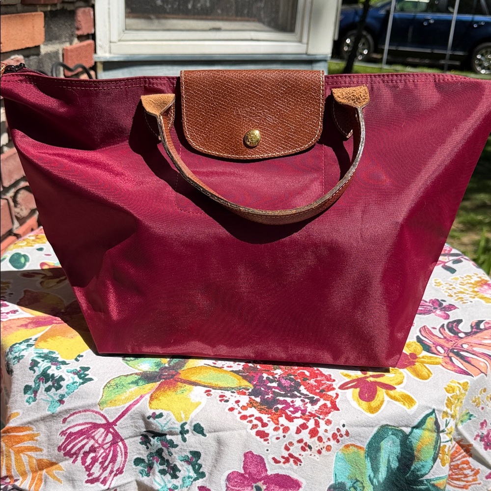 Longchamp Rose Red Nylon Tote with Brown Leather Trim